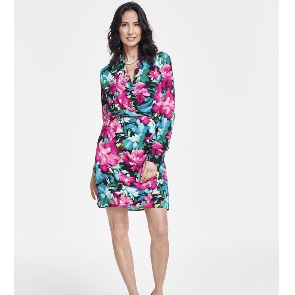INC Floral Faux Wrap Dress Small Office Long Sleeve Work Vacation Career Pink